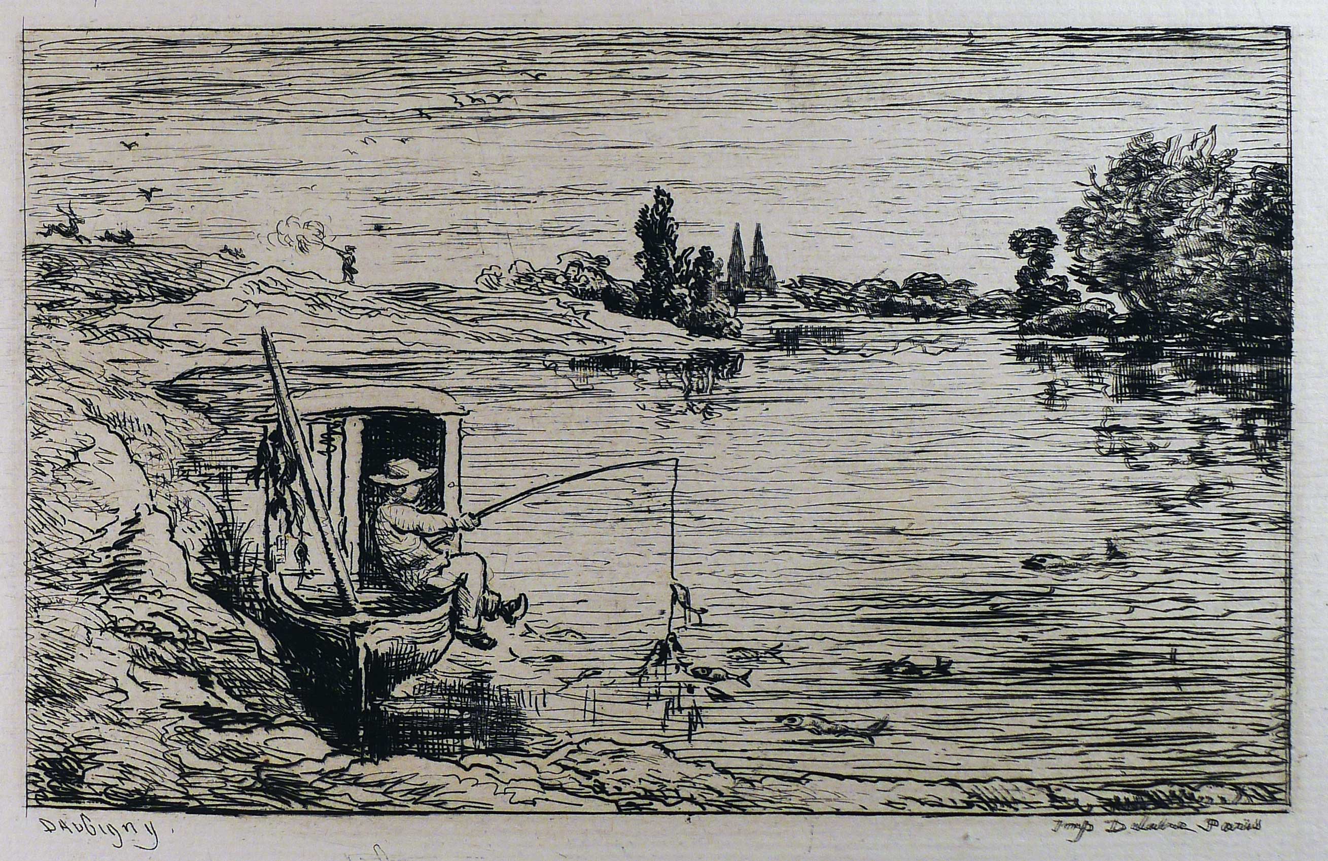 Charles François Daubigny, The Cabin Boy Fishing, 1861, published 1862 by Alfred Codart, Paris, etching. Collection of the Estate of Sallie Robinson Wadsworth.