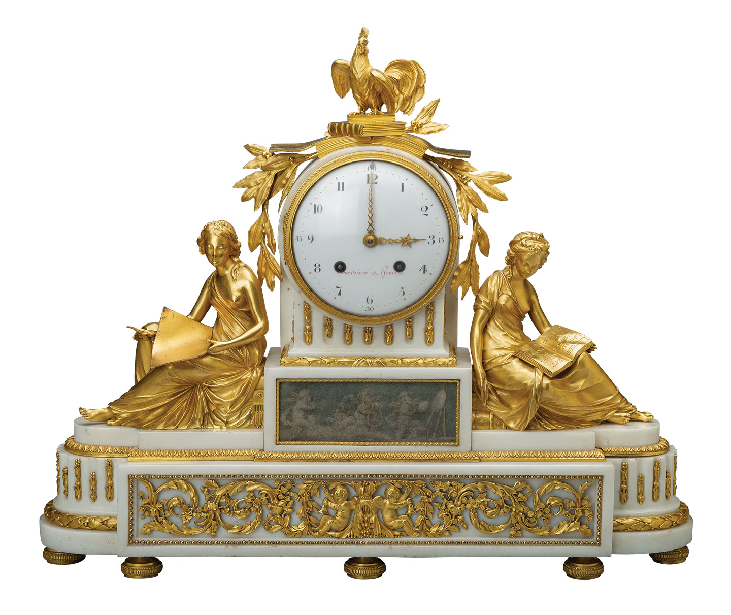 David-Louis Courvoisier (Swiss, 1726–1789) and Jacques-Frédéric Houriet (Swiss, 1743–1830), clockmakers, Mantel Clock, Paris, France, and Le Locle, Switzerland, about 1785, marble and gilded bronze with glass, enamel, brass, and steel.