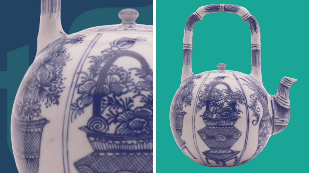 Teapot with Vases of Flowers, about 1662–1722, China, Qing dynasty (1644–1911), Kangxi reign (1662–1722), porcelain with underglaze blue decoration. Taft Museum of Art, 1931.69
