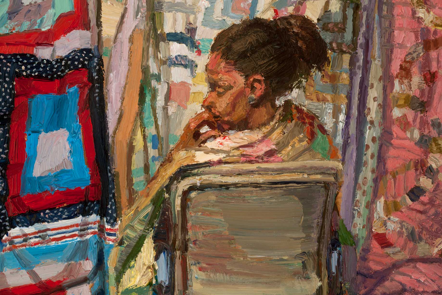 Sedrick Huckaby, She Wore Her Family’s Quilt, detail, 2015, oil on canvas. Photo by Gregory Staley, © Sedrick Huckaby
