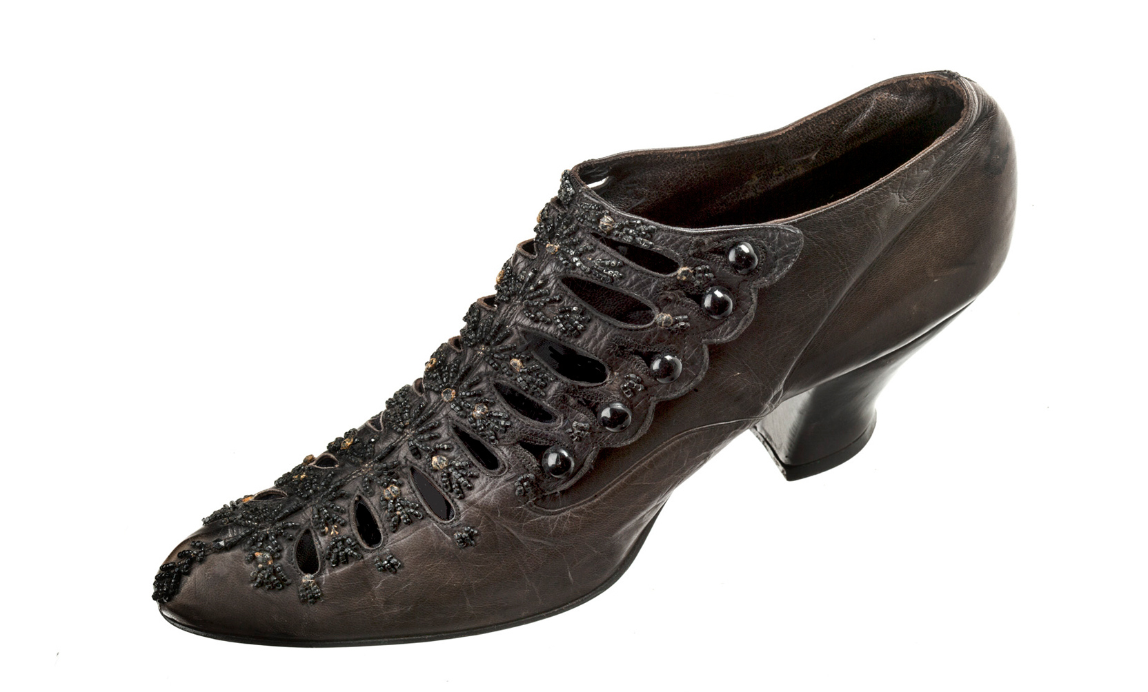 Buttoned Shoe, about 1915, leather, beads, and buttons, Stuart Weitzman Collection, no. 25. Photo credit: Glenn Castellano, New-York Historical Society