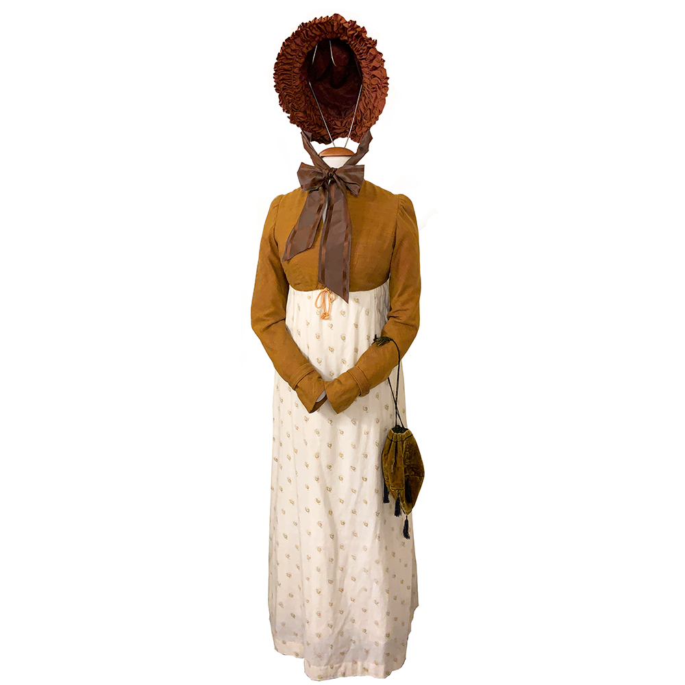 Cream Dress, Curry Spencer, and Bonnet, Pride and Prejudice, 1995, Simon Langton, director. Worn by Jennifer Ehle as Elizabeth Bennet. Dinah Collin, costume designer