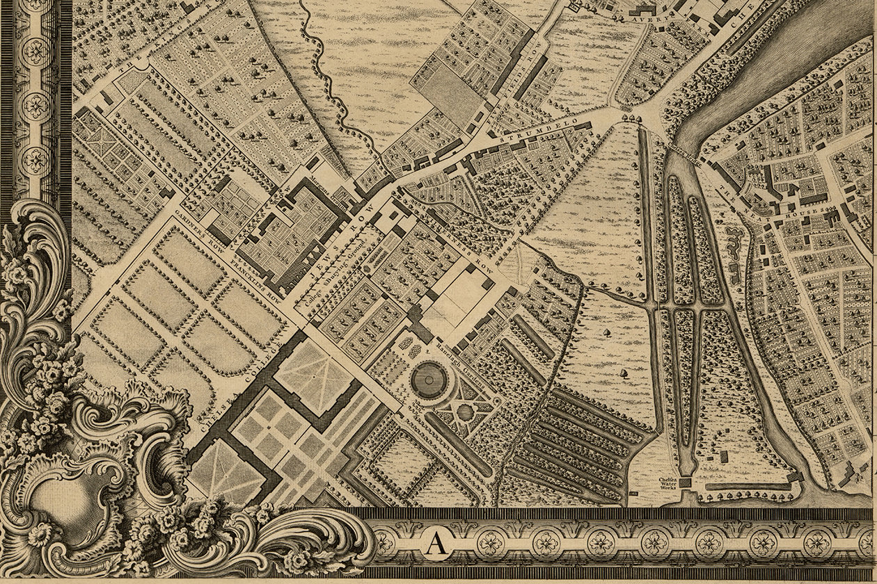 John Rocque, surveyor (France, active 1734–62) and John Pine, engraver (England, 1690–1756), A Plan of the Cities of London and Westminster, and Borough of Southwark; with the Contiguous Buildings, 1737–46, engraving on 24 sheets of rag paper, mounted on cotton muslin. Lent by the Estate of Sallie Robinson Wadsworth