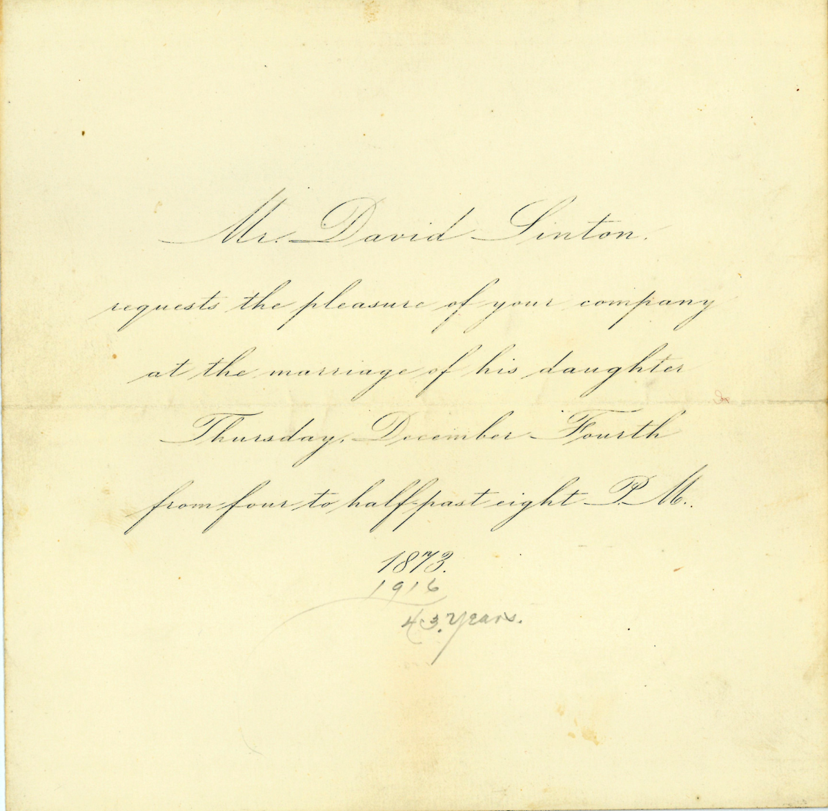 Invitation to the wedding of Charles Phelps Taft and Anna Sinton, December 4, 1873, Taft Museum of Art Archives