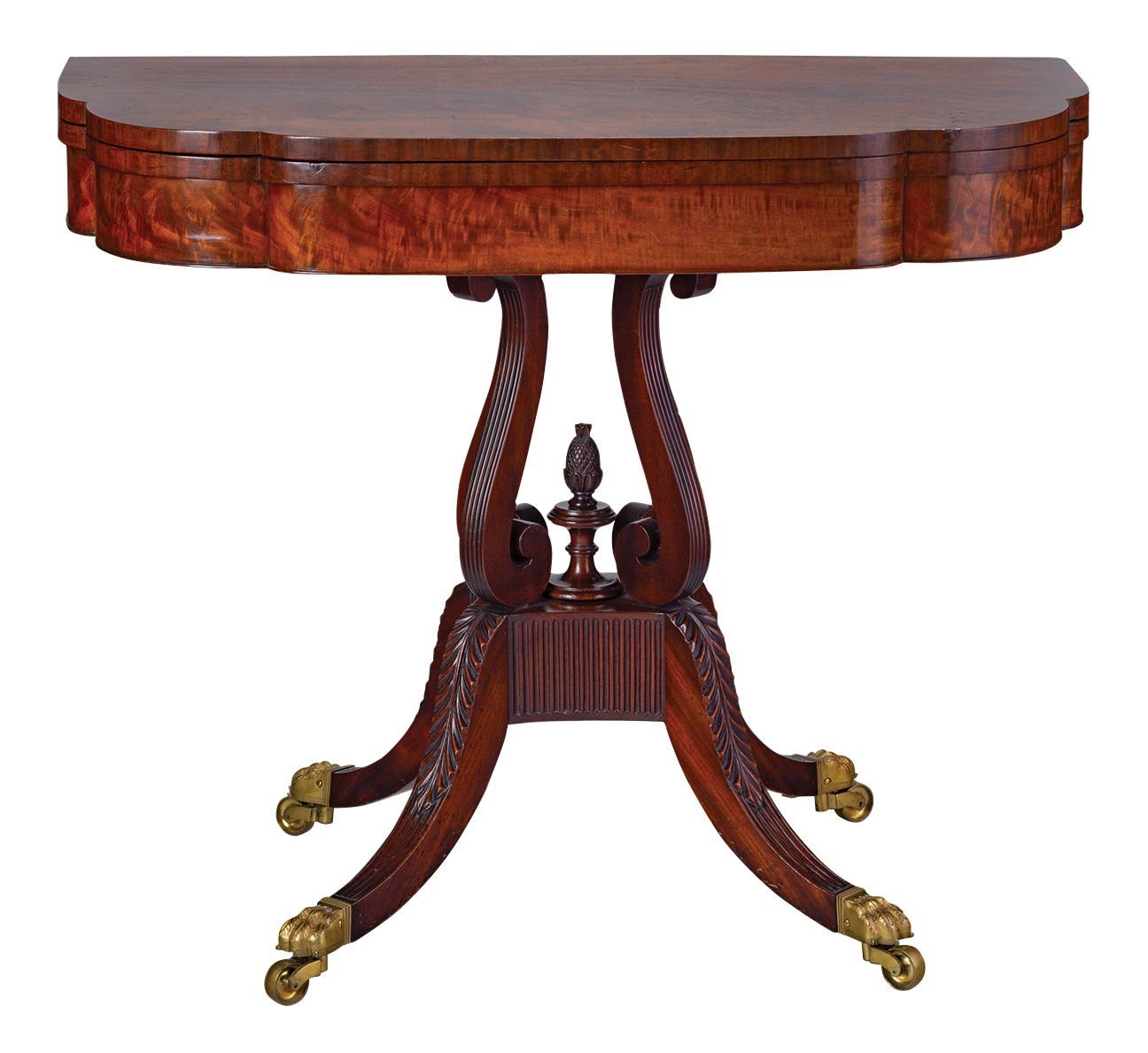 Attributed to Duncan Phyfe (American, born Scotland, 1768–1854), Card Table,   New York City, about 1815–25, mahogany with mahogany veneers and brass-capped feet.