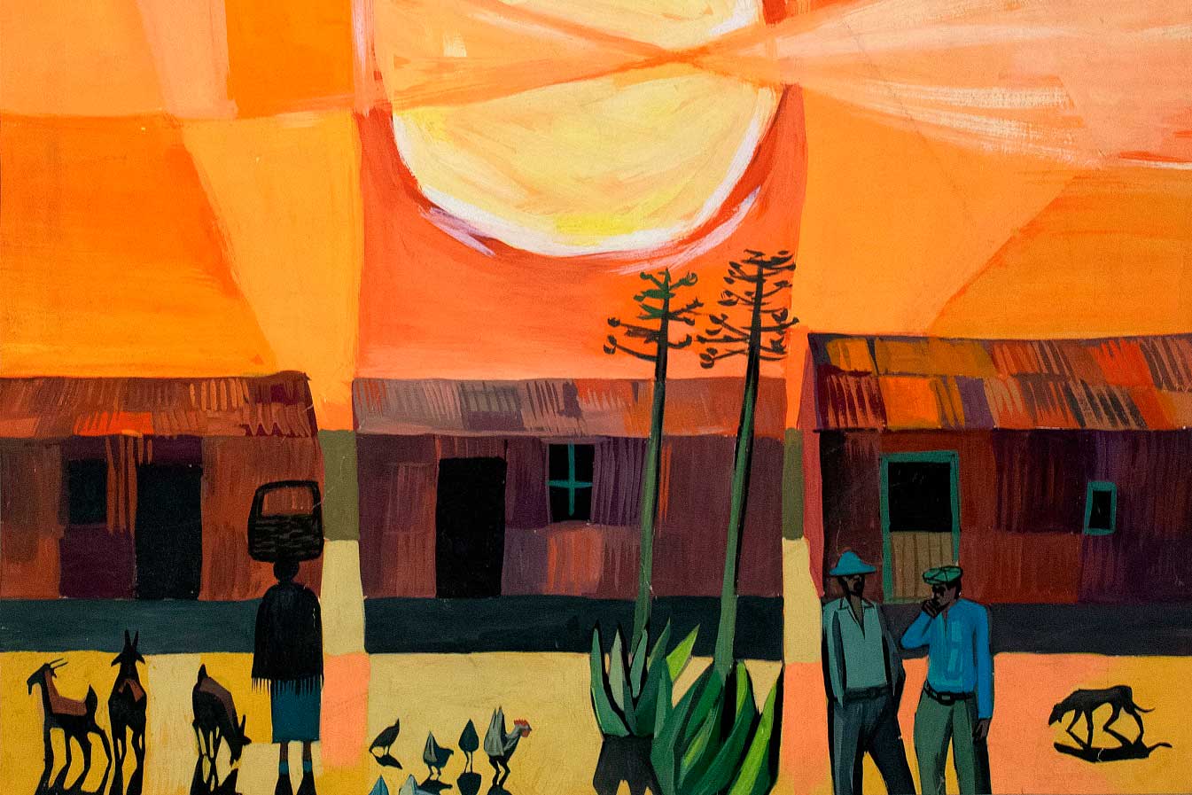 Peter Clarke (1929–2014, South Africa) That Evening Sun Goes Down, 1960 Gouache on paper 21 1/2 x 17 in. Fisk University Galleries, Nashville, Gift of the Harmon Foundation, 1991.313 © 2022 Peter Edward Clarke / DALRO, Johannesburg / Artists Rights Society (ARS), New York Courtesy American Federation of Arts Funding for the conservation of this artwork was generously provided through a grant from the Bank of America Conservation Project