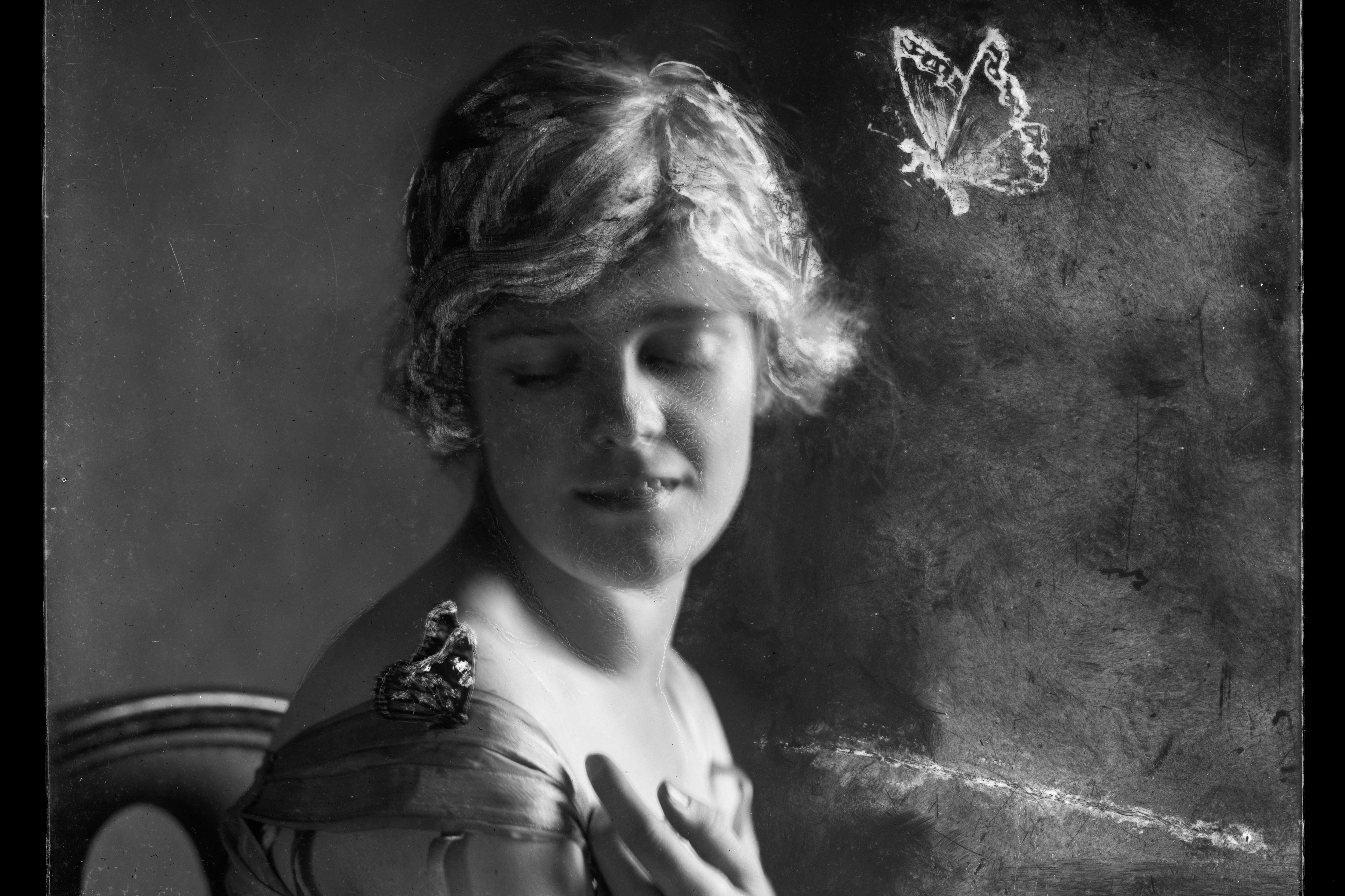 Nancy Ford Cones, Unknown Sitter with Butterfly, about 1920, Positive digital image taken from a glass plate negative with drawing, Collection of W. Roger and Patricia K. Fry.